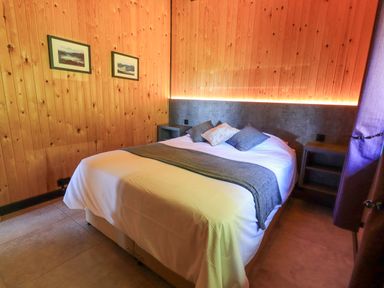 A bedroom with a bed with pillows and a throw a wooden paneled wall with two framed pictures and a bedside table at Greengarth in Yanwath near Penrith