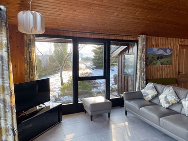 A living room with a gray sofa a black TV stand and a large glass door with view of snowy garden at Greengarth in Yanwath near Penrith