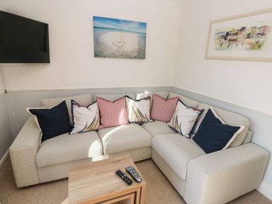 A corner sofa with patterned and striped cushions in a living room with TV and paintings at Yacht Haven View in Neyland