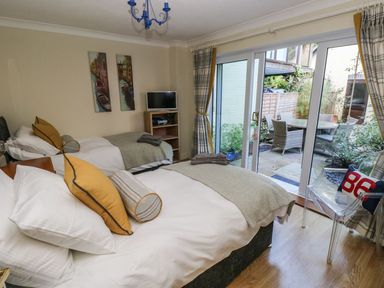 A bedroom with two beds a small television and sliding glass doors leading to an outdoor patio at Yacht Haven View in Neyland
