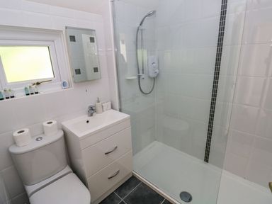 A bathroom with a shower, toilet, sink with cabinet and a small window at Yacht Haven View in Neyland
