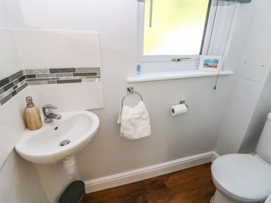 A bathroom with a small sink soap dispenser and hand towel next to a toilet and window at Yacht Haven View in Neyland