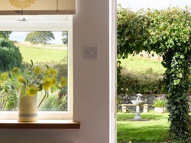 A window with a vase of flowers on the sill next to a doorway showing a garden with a birdbath and greenery at Ty Bach - Beaumaris in Beaumaris