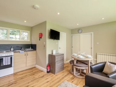 A kitchen area with stove and sink next to a dining table set with plates and glasses a wall-mounted TV and a brown armchair at 107 Kings Chalet Park in Cromer