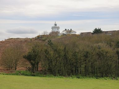 A grassy field with trees in the foreground and a hill with a lighthouse and houses in the background at 107 Kings Chalet Park in Cromer