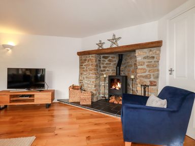 A living room with a stone fireplace wood stove blue armchair wooden TV stand and television at Great Meadow Barn in Crantock
