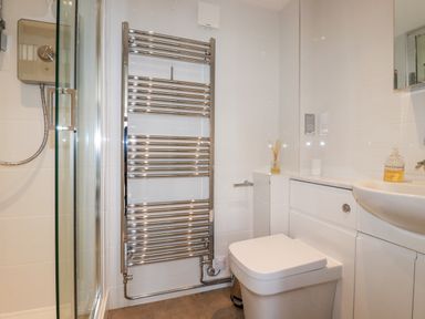 A bathroom with a toilet sink a shower and a chrome towel radiator at Great Meadow Barn in Crantock