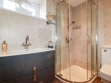 A bathroom with a sink vanity and a glass shower enclosure with a toilet at Great Meadow Barn in Crantock