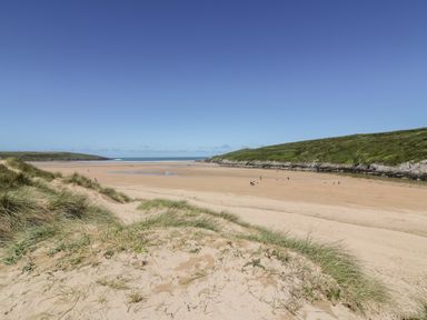 A sandy beach with grassy dunes and people near the shoreline under a clear sky at Great Meadow Barn in Crantock
