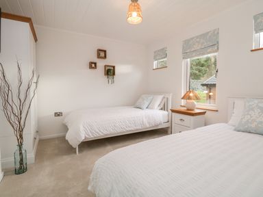 A bedroom with two single beds a bedside table with a lamp and three wall shelves with decorations at Hollytree Lodge Beckside 1 Limefitt Park near Windermere
