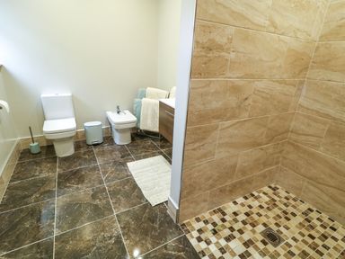 A bathroom with a toilet bidet brown tiled floor and a tiled shower area at Upper Killult in Killult near Gortahork County Donegal