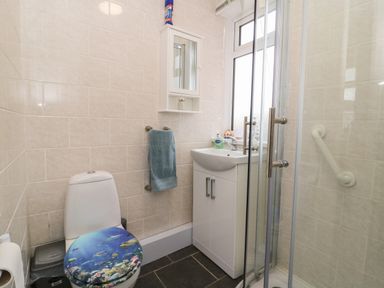 A bathroom with a toilet with an ocean-themed seat cover a sink with a cabinet and mirrored medicine cabinet a towel rack with a towel and a shower with glass doors at Chalet 235 Wilsthorpe near Bridlington