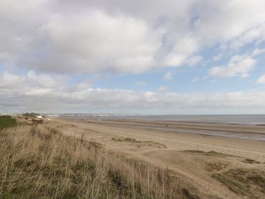 A sandy beach with grass in the foreground and the sea in the background at Chalet 235 Wilsthorpe near Bridlington