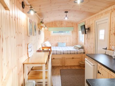 A small wooden cabin interior with a bed a table chairs a wall-mounted television and a kitchen counter at Shepherds Retreat Glenlark Gortin near Greencastle