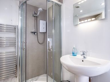 A bathroom with a glass shower enclosure a shower head a sink with a liquid soap dispenser and a wall-mounted mirror at Honey Cottage in Port Isaac