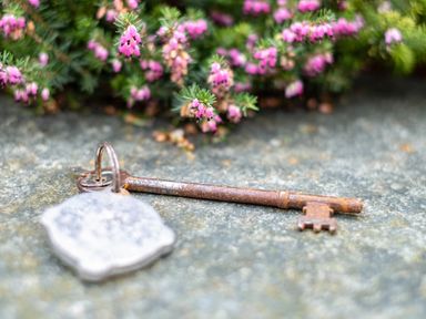 An old rusty key with a metal keychain on a stone surface with small pink flowers in the background at Honey Cottage in Port Isaac