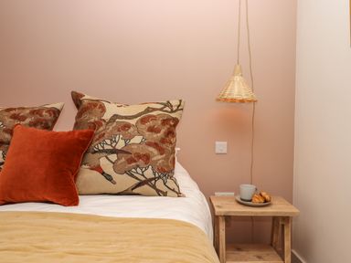 A bedroom with a bed with patterned and solid pillows a wooden bedside table with a cup and croissants and a hanging lamp at 3 Caddaford Barns in Buckfastleigh