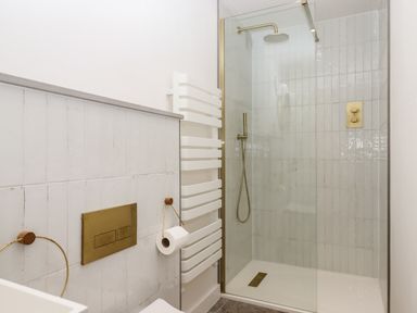 A bathroom with a walk in shower a white towel radiator and a toilet with a gold flush plate at 3 Caddaford Barns in Buckfastleigh