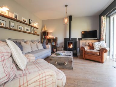 A living room with a plaid armchair a gray sofa a wooden coffee table a wood stove a TV and a bookshelf at The Croft in Newport Pembrokeshire