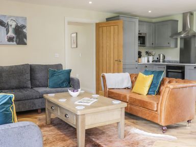 An open living room and kitchen area with two sofas a wooden coffee table and grey kitchen cabinets at Partridge Place in Burton Pidsea