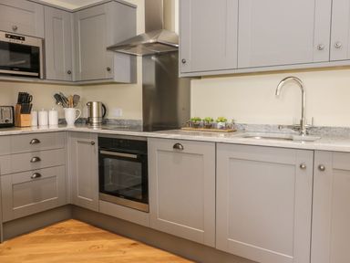 A kitchen with grey cabinets a built in oven a sink a kettle and various utensils at Partridge Place Burton Pidsea