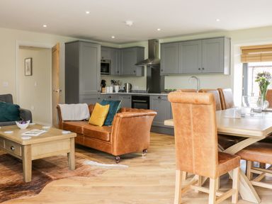 A kitchen and dining area with gray cabinets brown leather sofa and dining chairs at Partridge Place Burton Pidsea