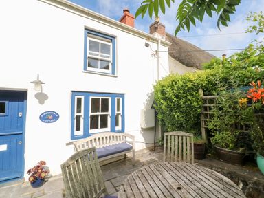An outdoor patio with wooden chairs and table potted plants and a white building with blue door and windows at Honeysuckle Cottage in St Agnes