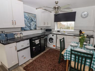 A kitchen with white cabinets a black oven a washing machine a fridge a dining table with green chairs and a checkered tablecloth at 13 Gower Holiday Village in Scurlage