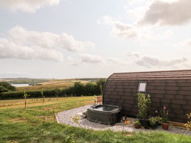 An outdoor area with a hot tub next to a curved roof building surrounded by pots and a grassy field with distant hills at Ash in Saltash