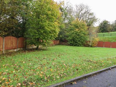 A grassy yard with trees and wooden fencing along the perimeter at Hazelwood in Leap County Cork