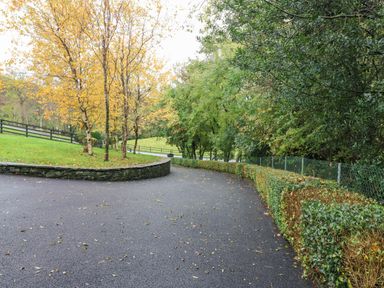 A paved driveway with a stone wall and trees with autumn leaves at Hazelwood in Leap County Cork
