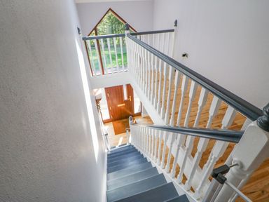A staircase with blue steps and white railings leading down to a wooden floor and wooden front door at Hazelwood in Leap County Cork