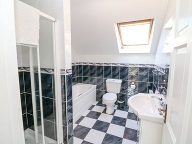 A bathroom with a shower enclosure a bathtub a toilet and a sink under a skylight at Hazelwood in Leap County Cork
