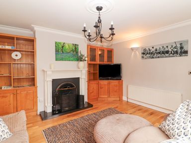 A living room with wooden cabinets fireplace television and seating at Hazelwood in Leap County Cork