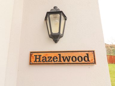 An outdoor wall light above a wooden sign with the word Hazelwood at Hazelwood in Leap County Cork