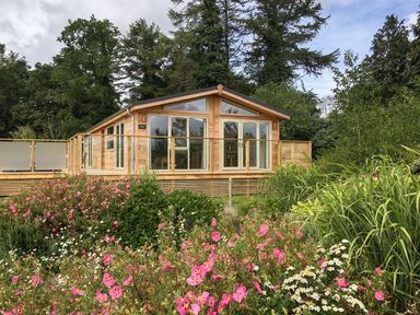 A wooden cabin with glass doors surrounded by trees and flowering bushes at 2 Faraway Fields in Dobwalls