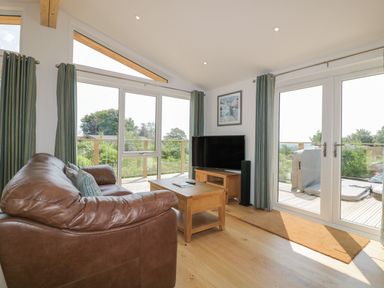 A living room with a brown leather sofa wooden coffee table flat screen tv and large windows at 2 Faraway Fields in Dobwalls