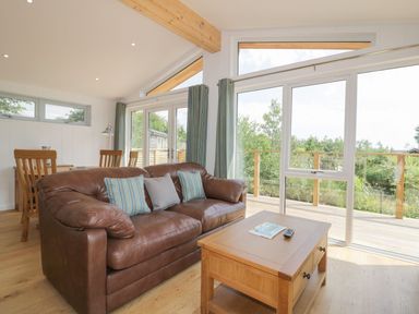 A living room with a brown leather sofa next to a wooden coffee table and large glass doors at 2 Faraway Fields in Dobwalls