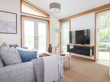 A living room with a sofa and cushions a coffee table with vases a wall mounted television and large windows at 6 Southern Place in Dobwalls