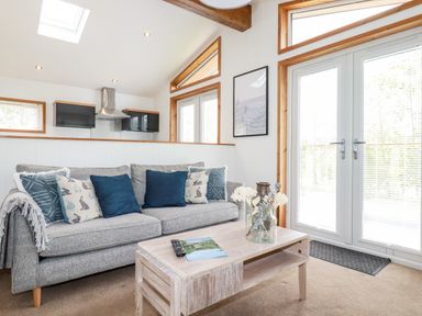 A living room with a grey sofa and blue cushions a wooden coffee table and glass doors at 6 Southern Place in Dobwalls