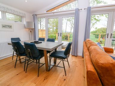 A dining area with six blue chairs around a rectangular table next to an orange sofa and glass doors at 21 Meadow Retreat in Dobwalls