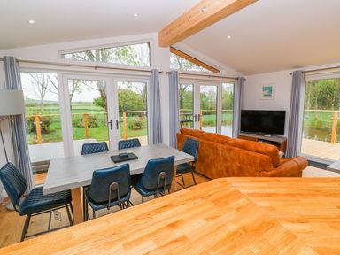 A dining area with a rectangular table and six blue chairs next to a living room with an orange sofa and a television at 21 Meadow Retreat in Dobwalls