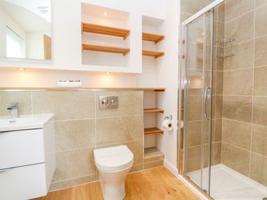 A bathroom with a toilet sink shower and wooden shelves at 21 Meadow Retreat Dobwalls