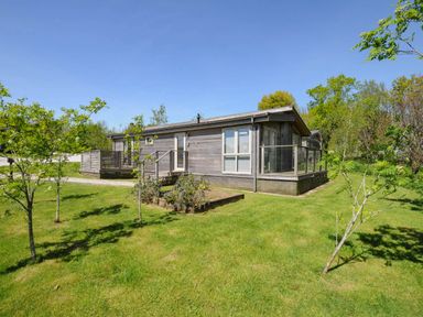 A wooden cabin with glass railings surrounded by small trees and grass at 19 Meadow Retreat in Dobwalls