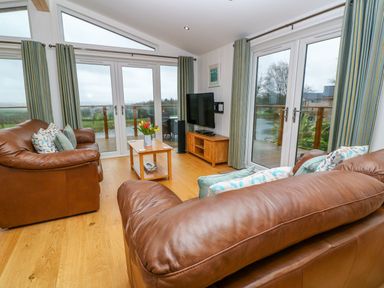 A living room with two brown leather sofas a wooden coffee table a TV on a wooden stand and large windows at 12 Faraway Fields in Dobwalls