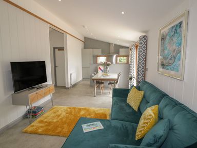 A living room with a teal sofa and yellow cushions a yellow rug a TV on a cabinet and a dining table with chairs at 18 Meadow Retreat in Dobwalls