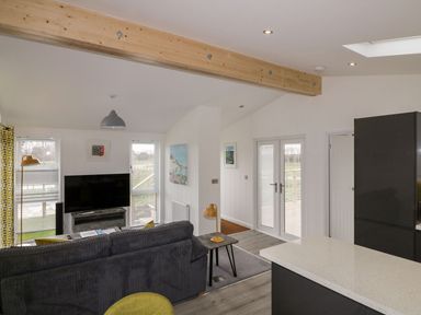 A living area with a television a gray sofa and a floor lamp at 11 Meadow Retreat in Dobwalls