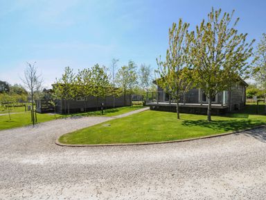 A gravel driveway leading to wooden houses with grass and trees at 11 Meadow Retreat in Dobwalls