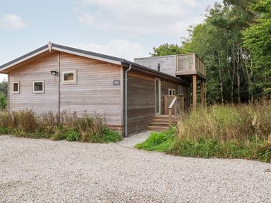 A wooden cabin with a raised balcony surrounded by gravel and greenery at 9 Meadow Retreat in Dobwalls