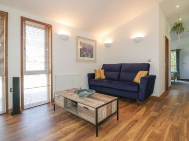 A living room with a blue sofa a wooden coffee table and wall-mounted lights at 9 Meadow Retreat in Dobwalls